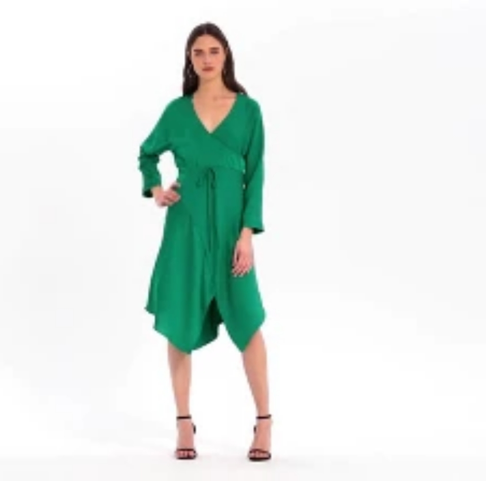 CUSHNIE EMERALD V NECK LONG SLEEVE WRAP DRESS - Picture 8 of 12